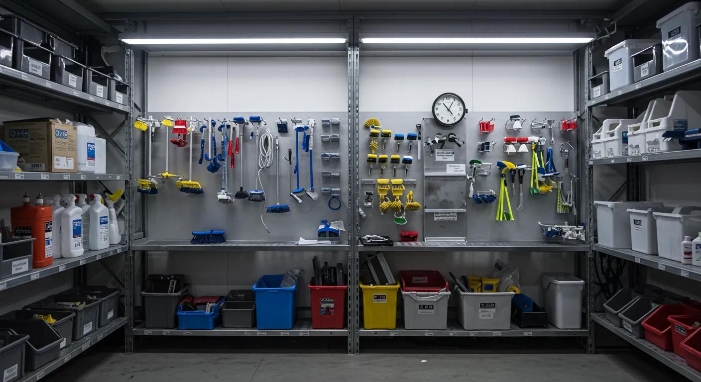 a modern warehouse cleaning station is brightly illuminated, showcasing an array of high-quality cleaning tools and supplies neatly organized on sleek metal shelves, emphasizing the theme of effective maintenance and worker safety in a commercial cleaning environment.