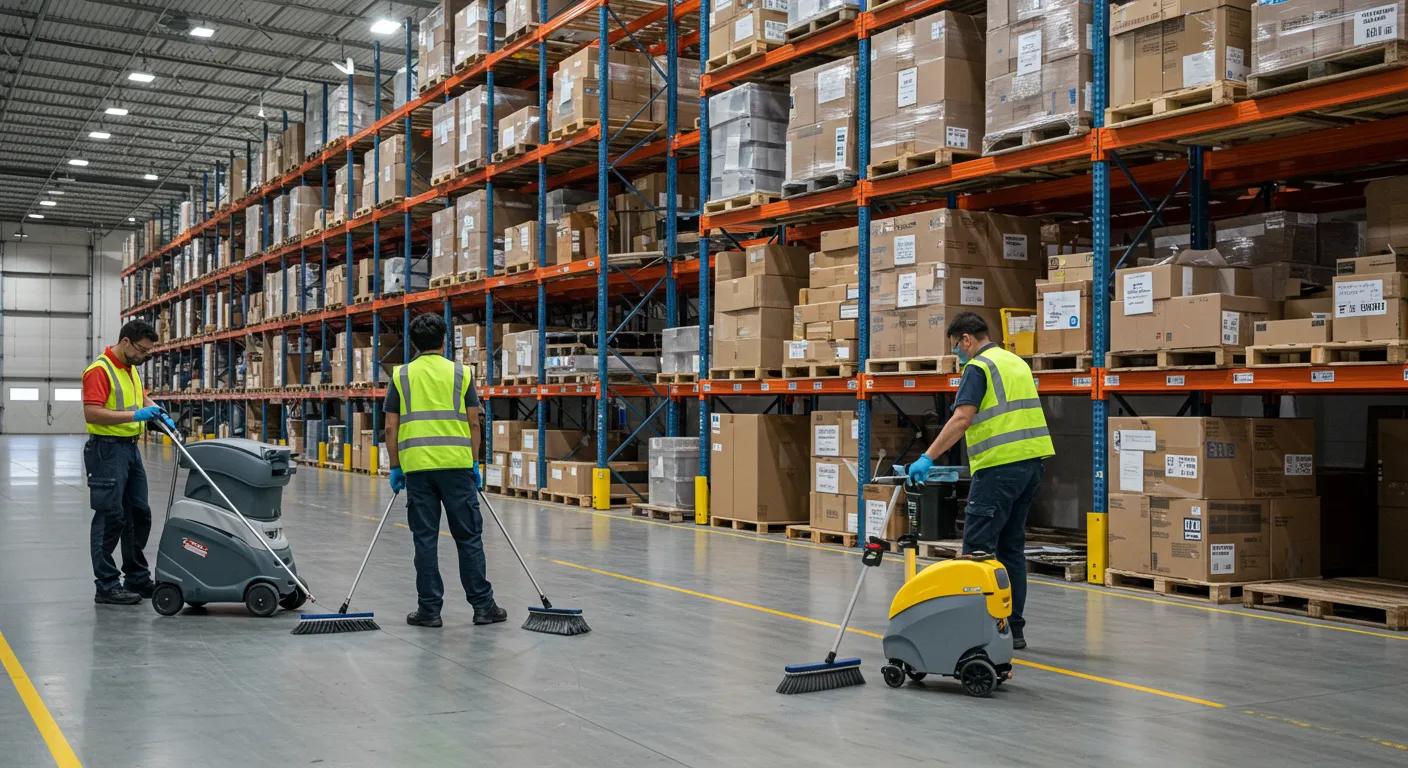 a bustling warehouse interior showcases a team of professional cleaners diligently engaged in a meticulous cleaning process, surrounded by state-of-the-art cleaning equipment and clearly visible audit checklists on digital tablets, highlighting a commitment to continuous improvement and high standards in commercial cleaning.